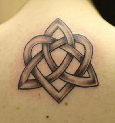 Nice Grey Celtic Knot Tattoo On Upper Back