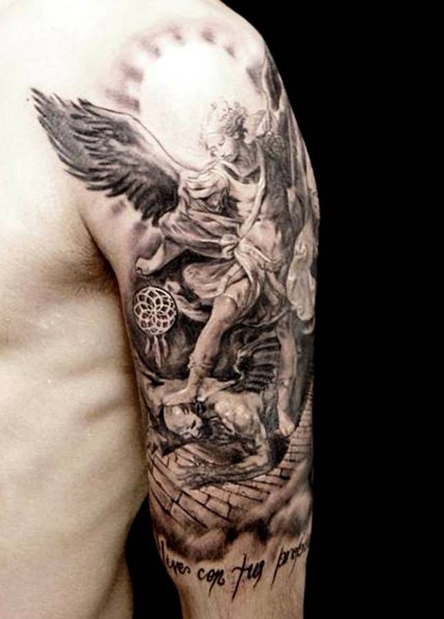 Nice Grey Flying Angel Tattoo On Half Sleeve