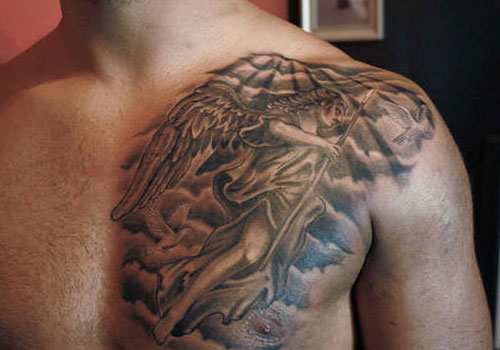 Nice Grey Flying Angel Tattoo On Man Chest