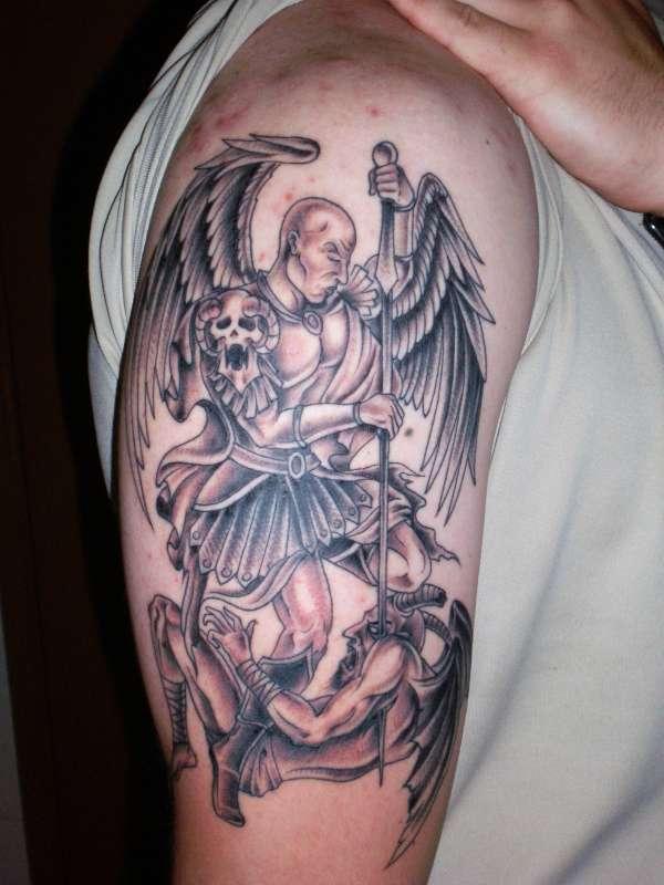Nice Grey Ink Angel Tattoo On Man Right Half Sleeve