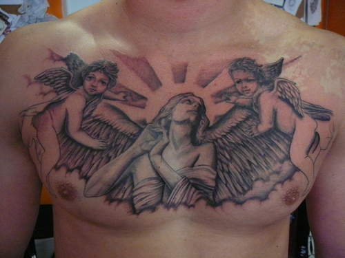 Nice Grey Ink Cherubs And Angel Tattoo On Chest For Men