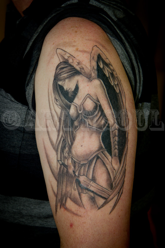 Nice Grey Ink Warrior Angel Girl Tattoo