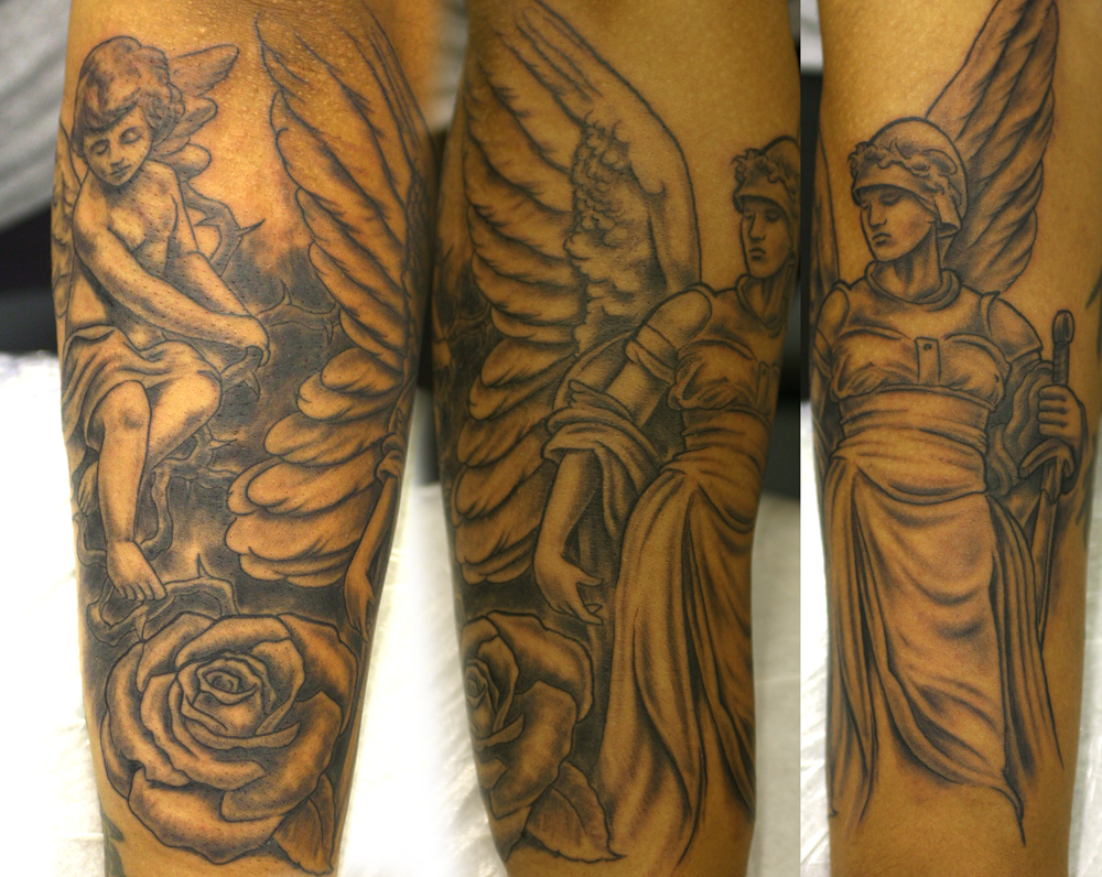 Nice Grey Rose And Flying Angel Tattoo