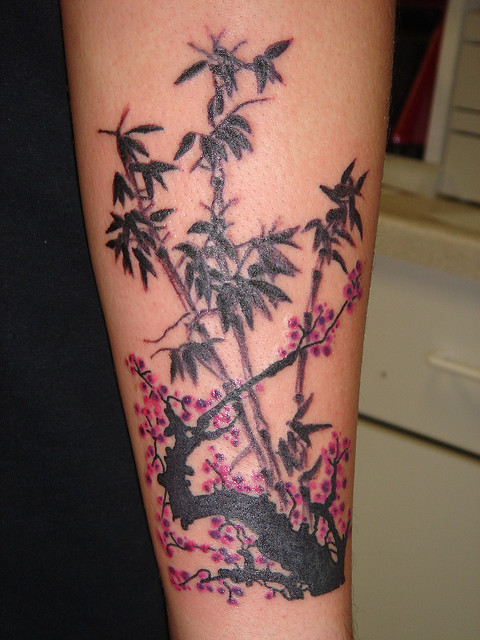Pink Plum Blossoms With Bamboo Trees Tattoo Design For Arm