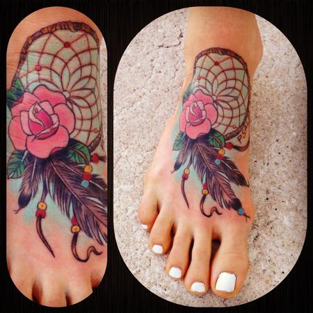 Pink Rose Flower And Dreamcatcher Tattoo On Foot