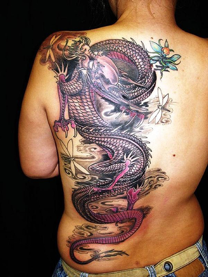 Purple Ink Asian Dragon Tattoo On Full Back