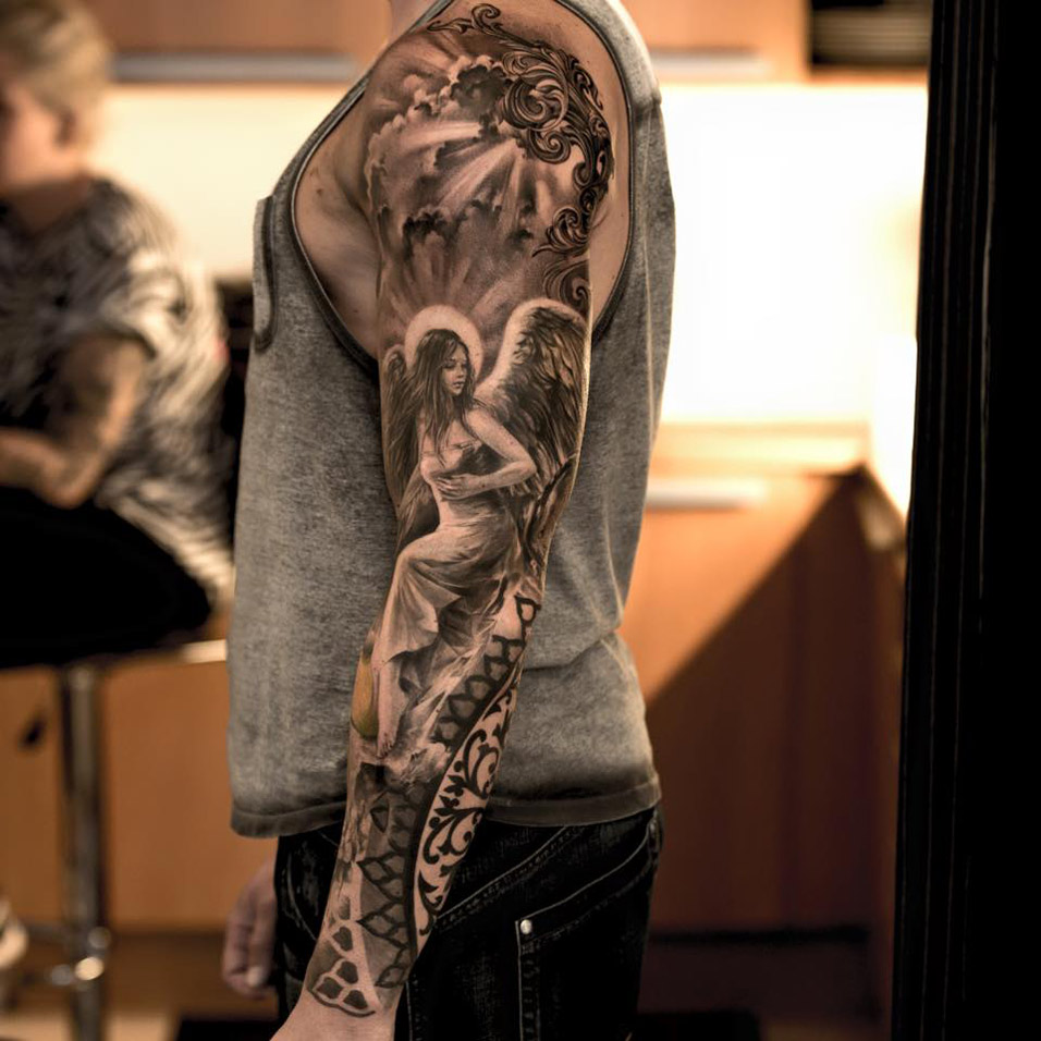 Realistic Angel Sleeve Tattoo For Men