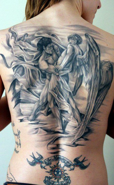 Realistic Grey Ink Angel And Demon Tattoo On Girl Back Body