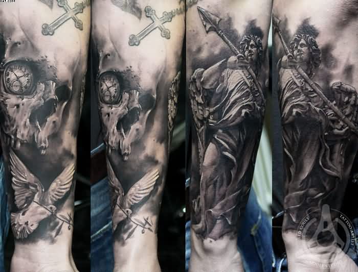 Realistic Warrior Angel Tattoo On Arm Sleeve
