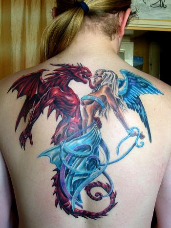 Red Dragon And Blue Angel Tattoos On Back
