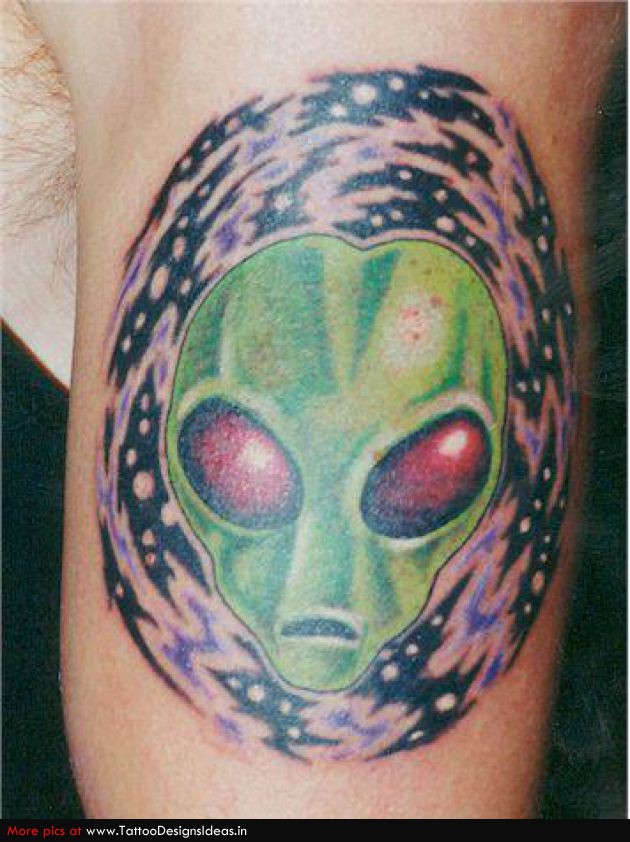 Red Eyes Green Alien Head Tattoo On Bicep