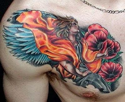 Red Flowers And Colorful Angel Tattoo On Chest