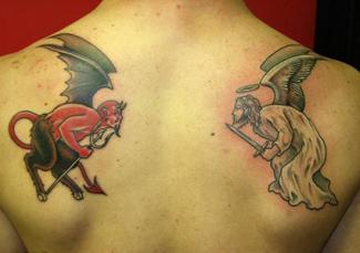 Red Ink Demon And Grey Ink Angel Tattoo On Back Shoulders