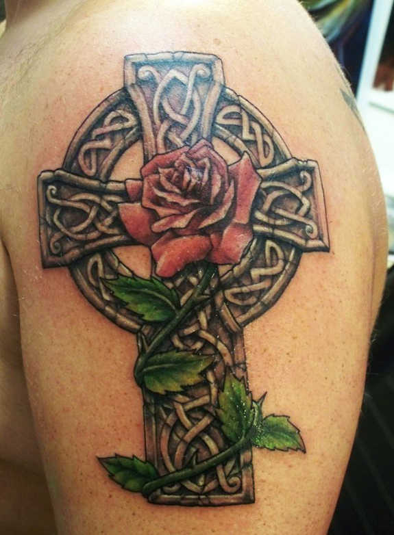 Red Rose Flower And Celtic Cross Tattoo On Man Left Shoulder