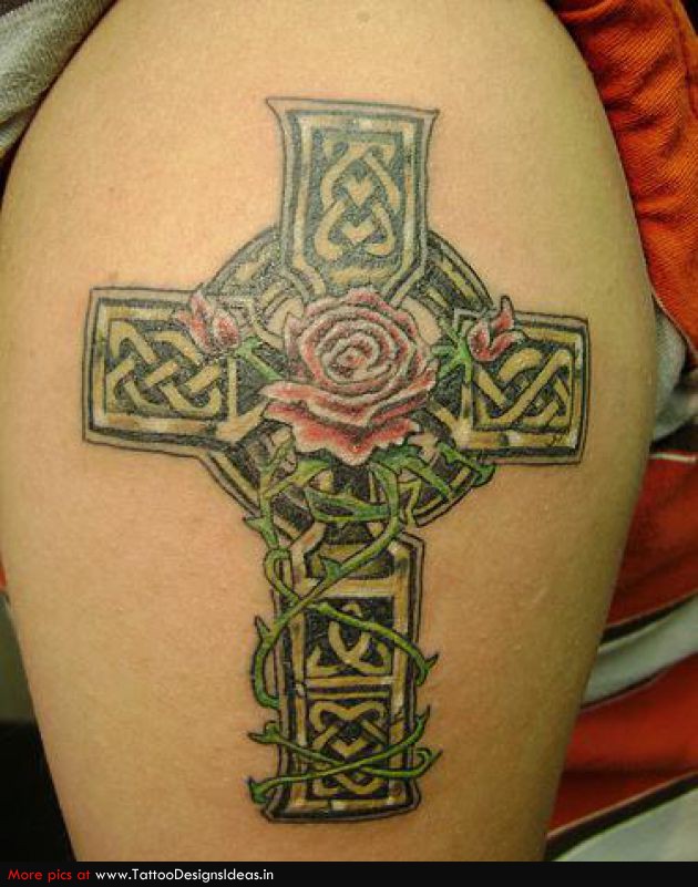 Rose Flowers And Celtic Cross Tattoo