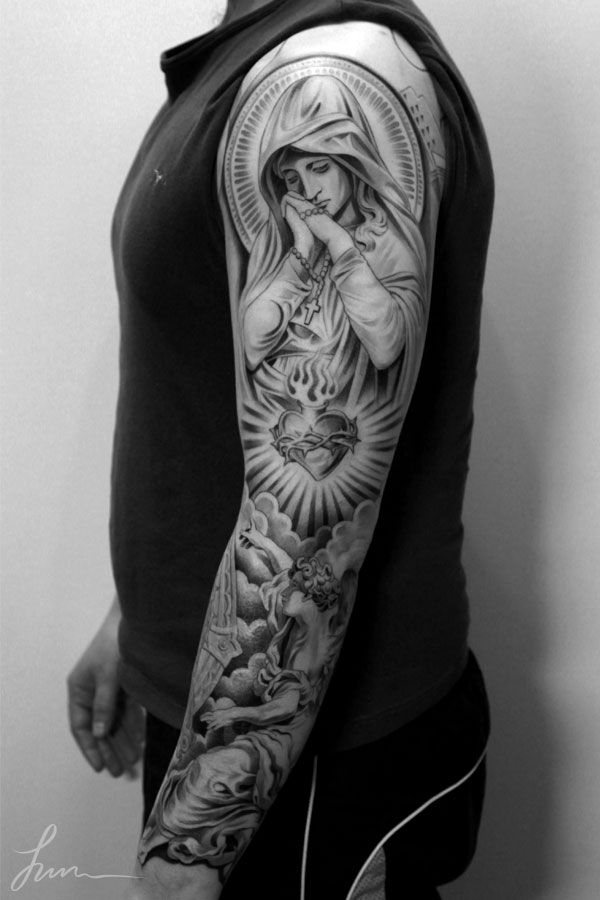 Sacred Heart And Angel Tattoo On Sleeve