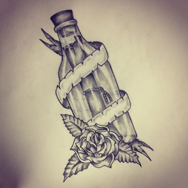 Scroll In Bottle With Ribbon And Rose Tattoo Stencil