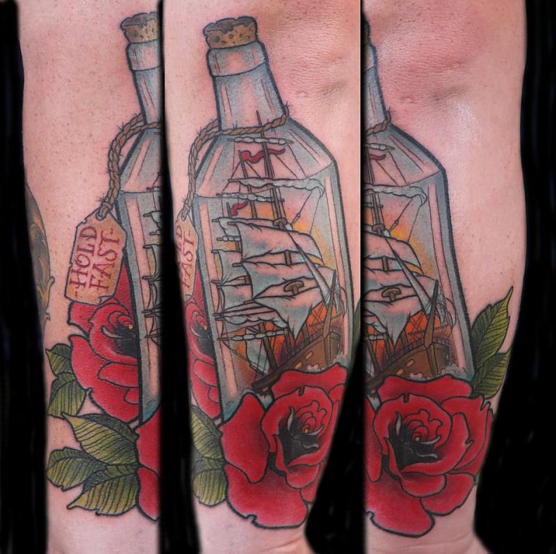 Ship In Bottle And Rose Tattoo Design For Arm