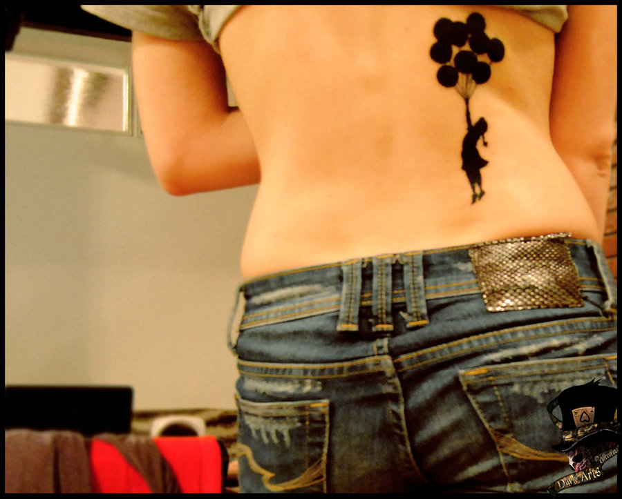 Silhouette Banksy Girl With Balloon Tattoo On Girl Back By DarkArtsColective