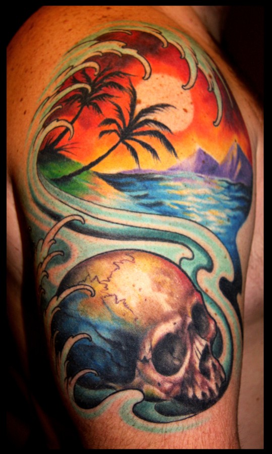Skull And Beach View Tattoo On Right Shoulder