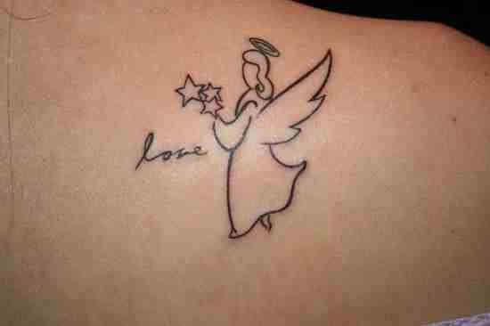 Small Angel Outline With Love Tattoo on Back Shoulder