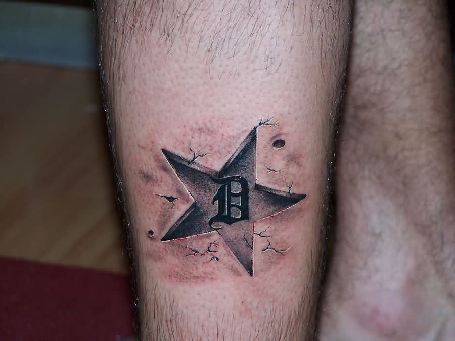 Small Grey 3D Star Tattoo On Leg