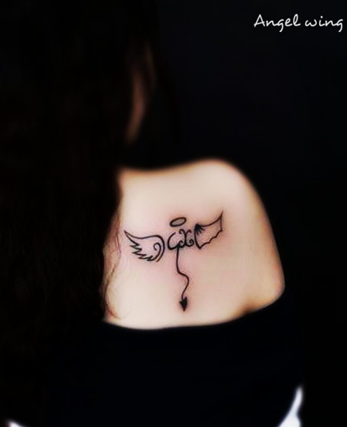 Tiny Angel Tattoo On Back Shoulder