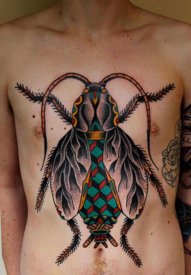Traditional Bug Tattoo On Man Full Body  By Tom Burrey