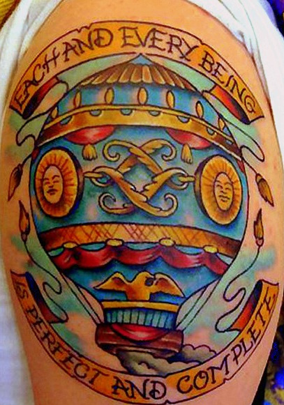 Traditional Hot Air Balloon With Banner Tattoo On Shoulder