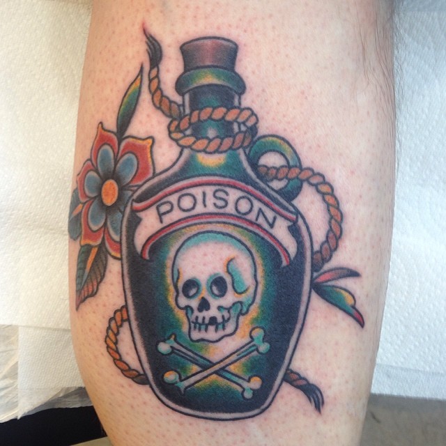 Traditional Poison Bottle Tattoo Design For Leg By Matt Howse