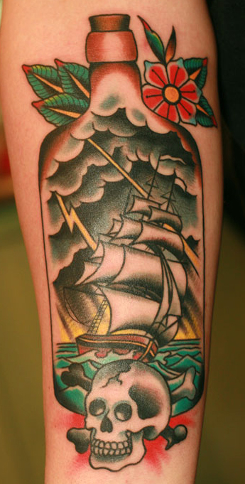 Traditional Ship In Bottle With Skull Tattoo Design