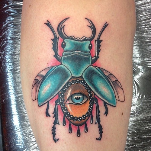 Unique Beetle Tattoo Design For Leg