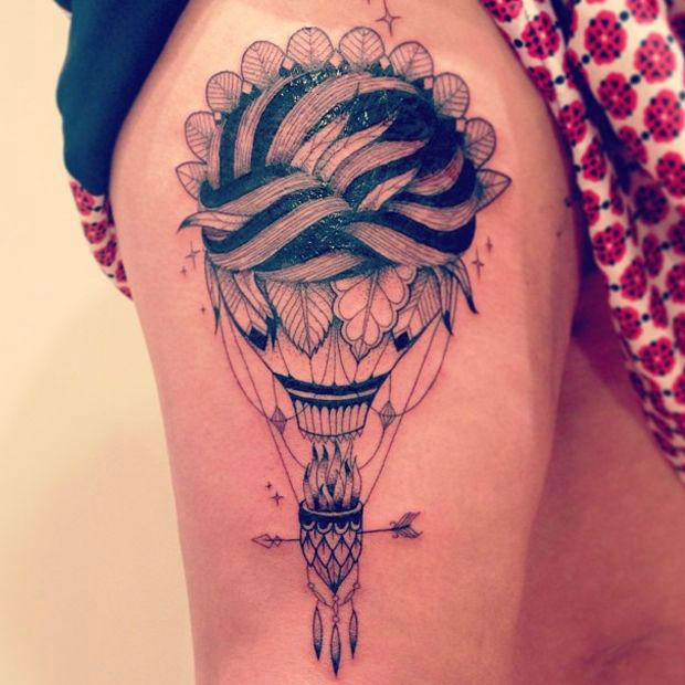Unique Black And Grey Hot Air Balloon Tattoo On Girl Thigh