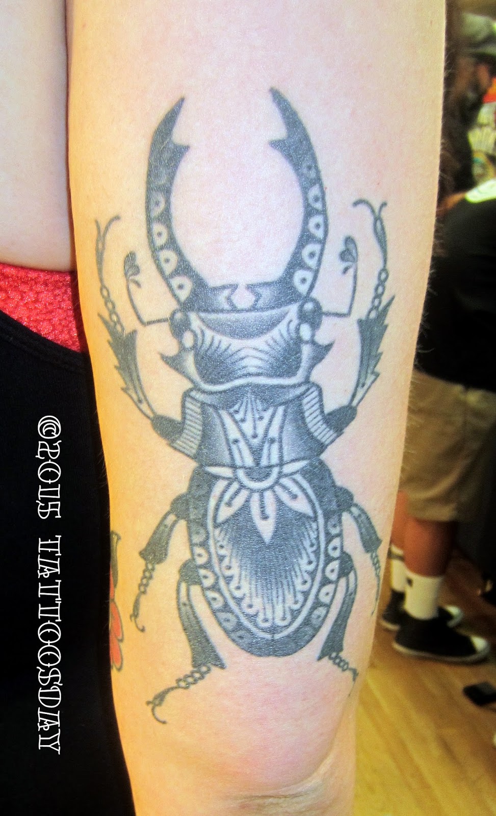Unique Black Beetle Tattoo On Right Half Sleeve