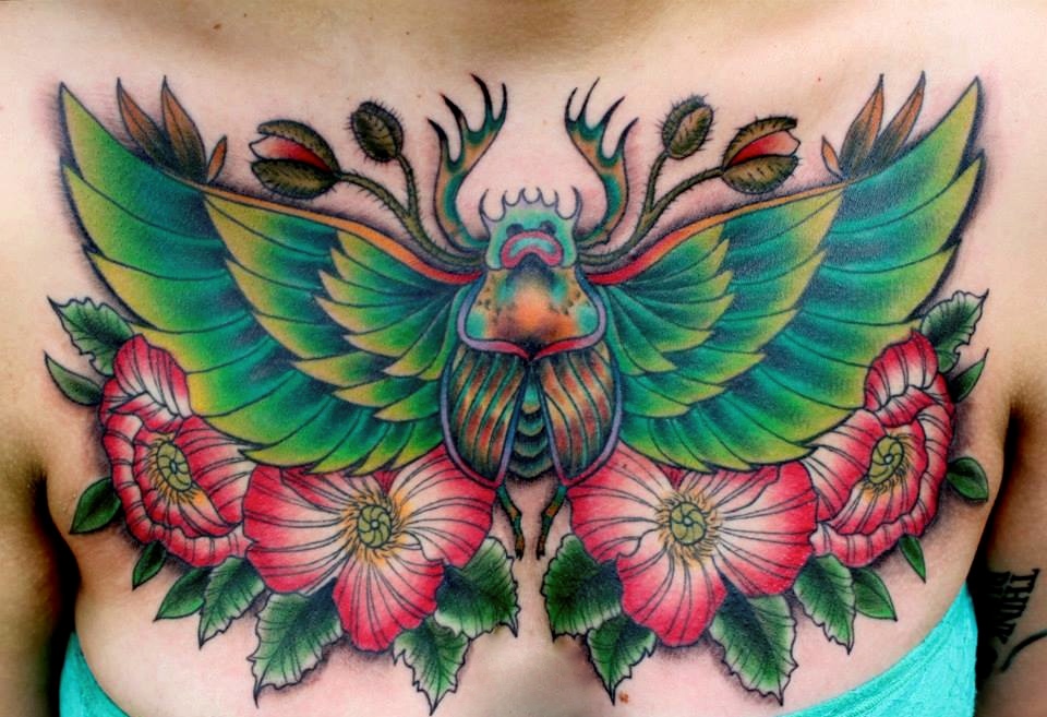 Unique Colorful Beetle With Flowers Tattoo Design For Chest