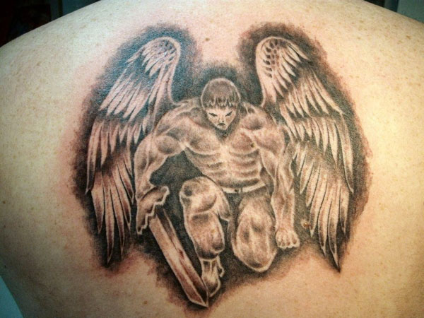Upper Back Warrior Angel Tattoo For Men