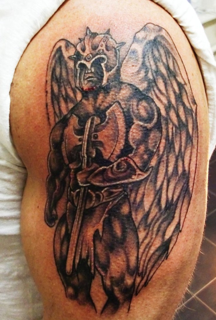 Warrior Angel Tattoo On Man Left Half Sleeve