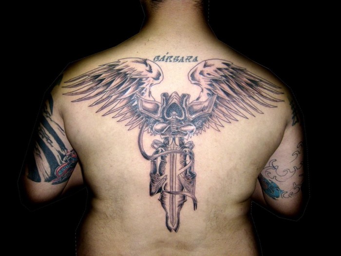 Warrior Angel Tattoo On Upper Back