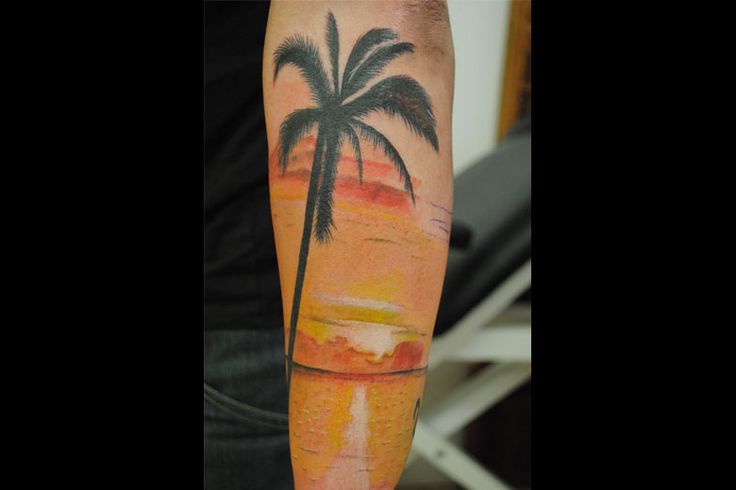 Watercolor Beach Scene Tattoo On Arm