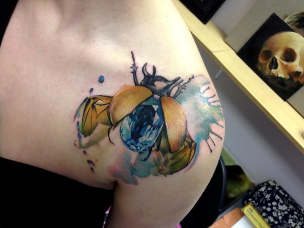 Watercolor Beetle Tattoo On Shoulder