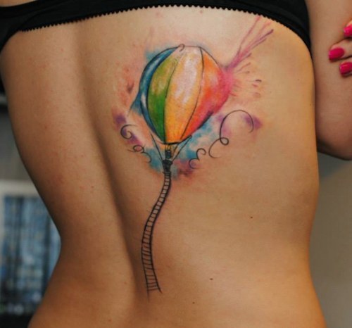 Watercolor Hot Air Balloon Tattoo On Girl Back