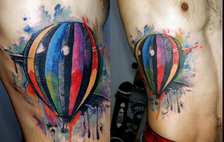 Watercolor Hot Air Balloon Tattoo On Man Side Rib By Caitlin Jab
