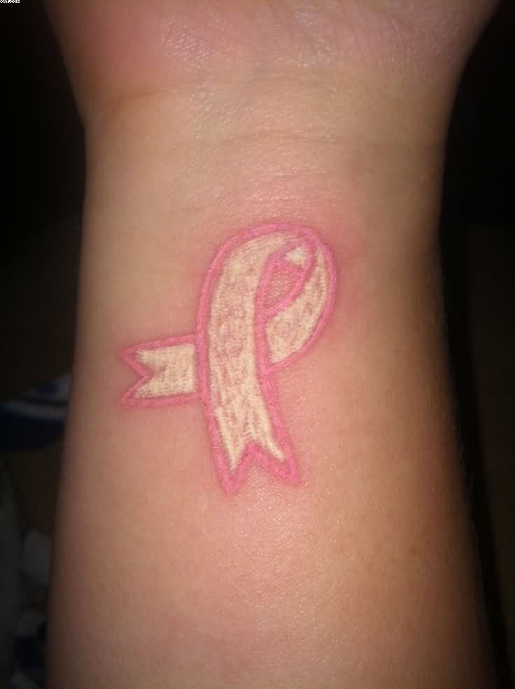 White And Pink Breast Cancer Logo Tattoo On Wrist