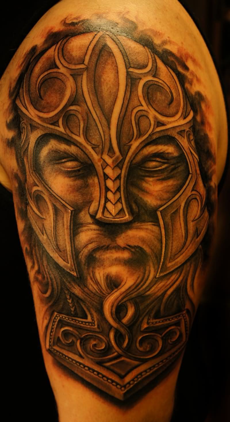 3D Thor Face Tattoo Design For Shoulder By Darius Puodziukas