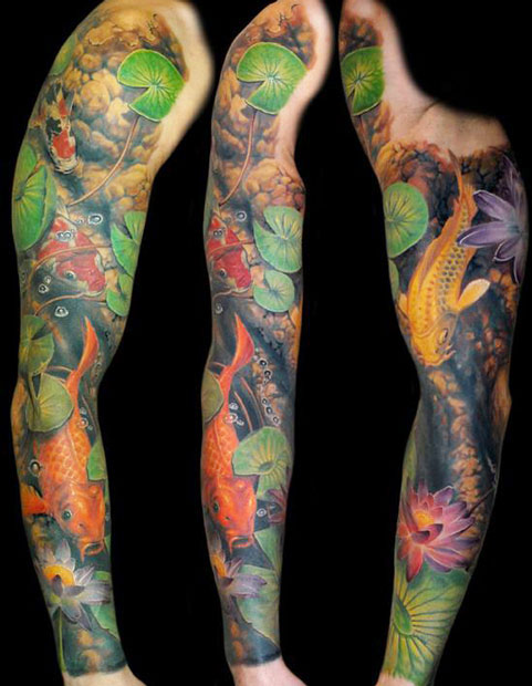 Amazing 3D Colorful Nature Fishes With Flowres Tattoo On Right Full Sleeve By James