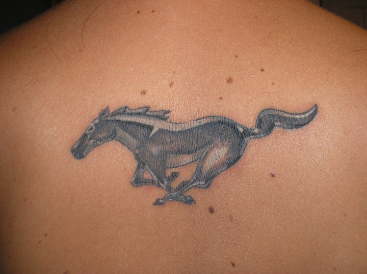Amazing Black And Grey Mustang Tattoo On Upper Back By Karen Mitchell