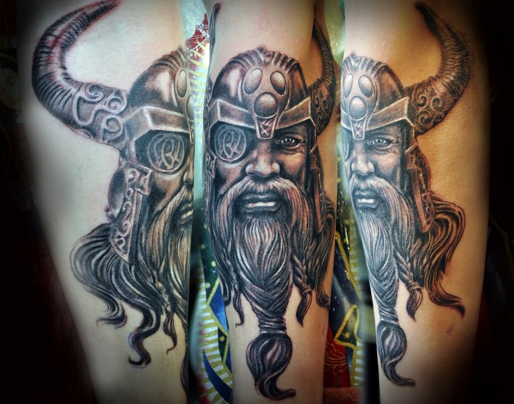 Amazing Black And Grey Thor Face Tattoo Design For Arm