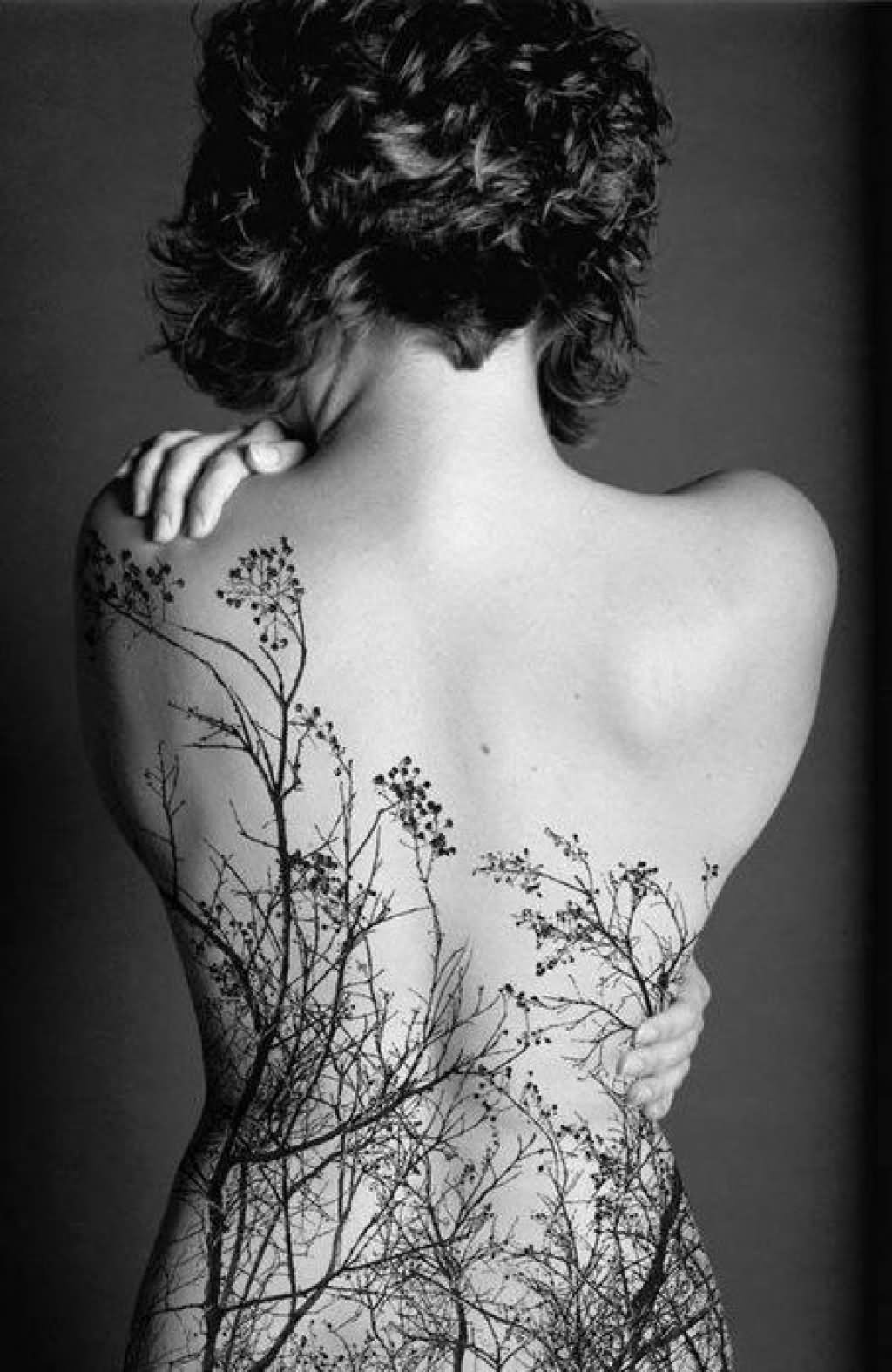 Amazing Black Nature Trees Tattoo On Girl Full Back