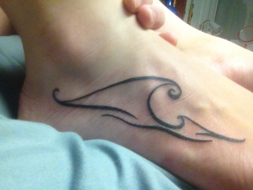 Amazing Black Outline Wave Tattoo On Foot