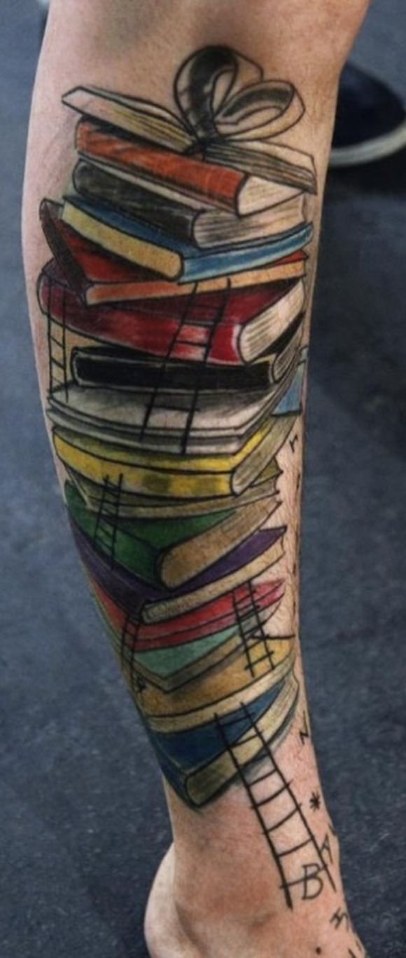 Amazing Colorful Books Tattoo On Leg